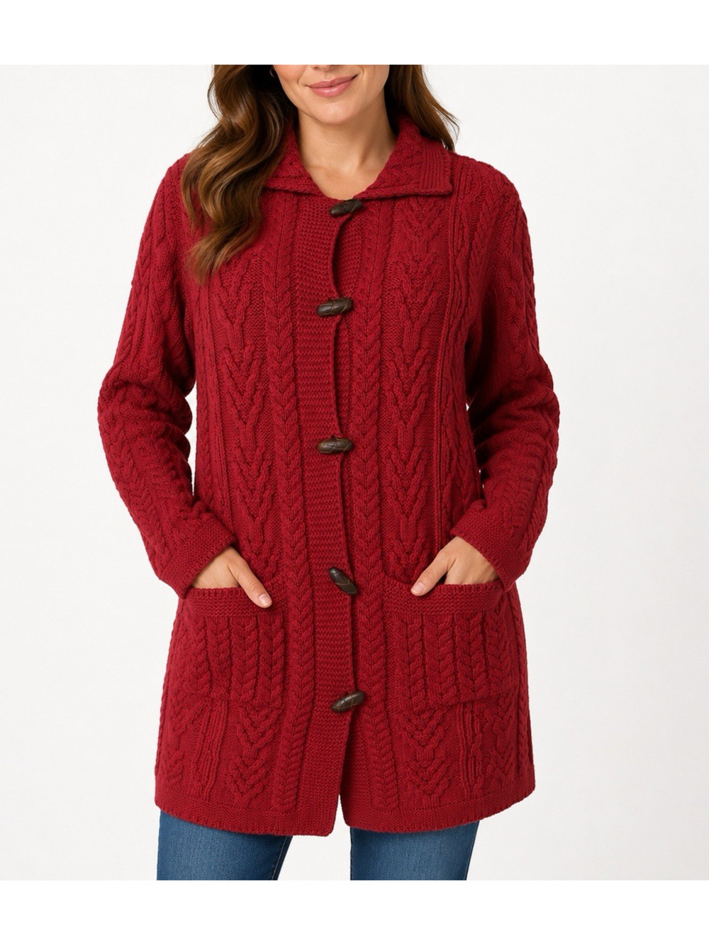 Aran Crafts Irish Cable Knit Sweater Coat Zip Fisherman Wool Red Cardigan S